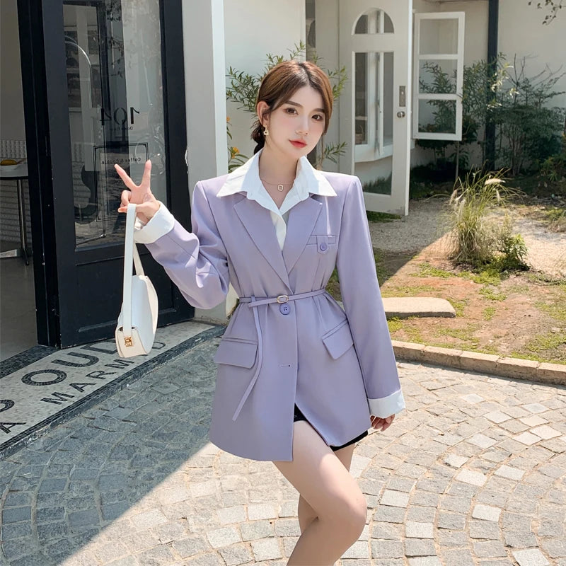 purple belted blazer dress Purple Petite Compact Stretch Tailored Blazer Wrap Mini Dress