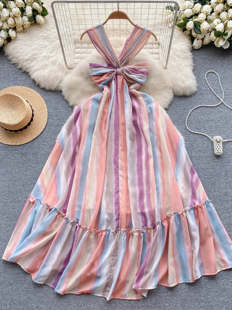 navy blue dress for baby girl Pink Striped Backless Tie Maxi Dress – PinkBlush main image 0