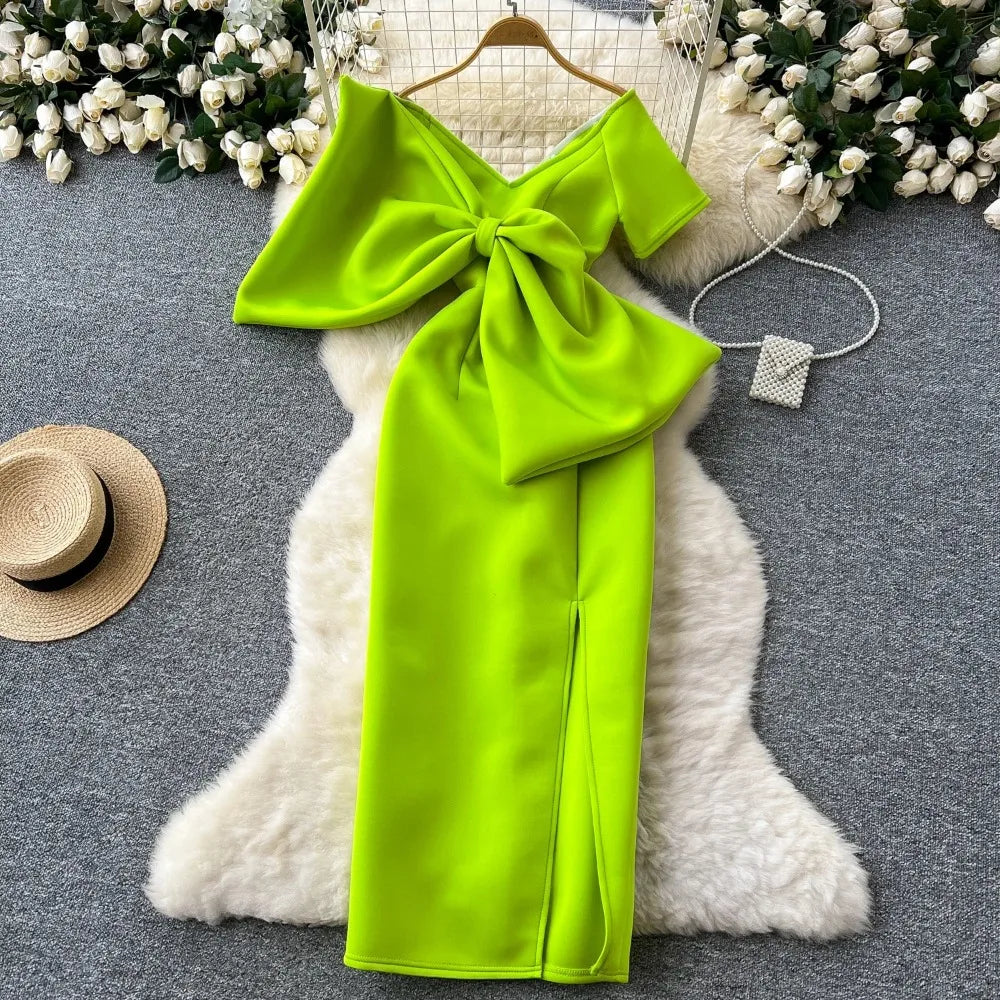Neon Green Bow Satin Evening Gown on Luulla