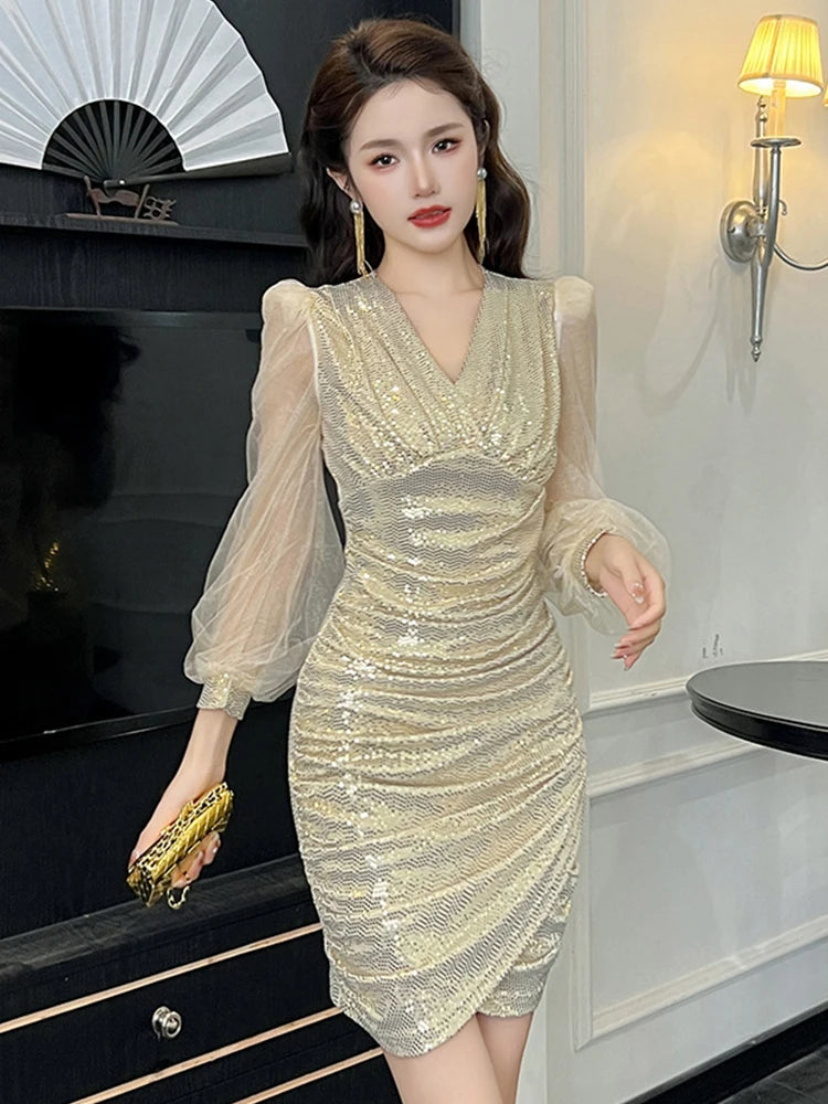 Sparkling Gold Mesh Long Sleeve Party Dress