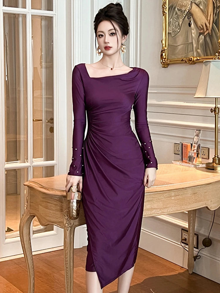 Asymmetrical Long Sleeve Purple Ruched Cocktail Dress on Luulla