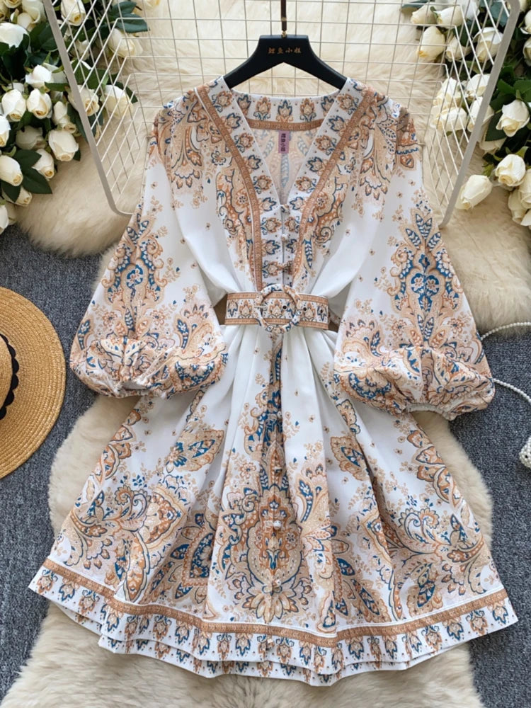 Vintage Floral Boho Dress With Puff Sleeves
