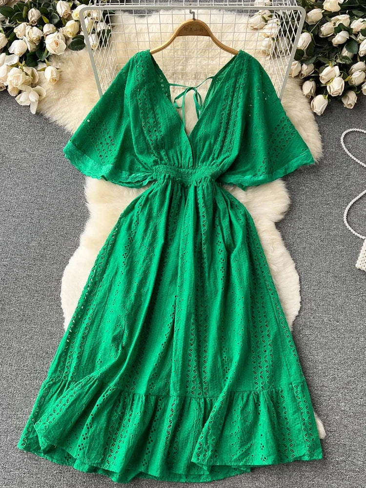 Womens Green Lace V-Neck Maxi Dress