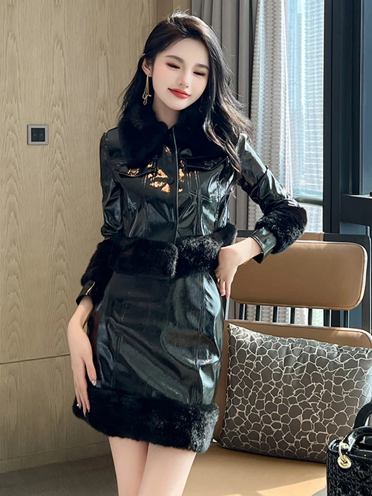 leather coat dress with fur Willa Black Vegan Fur Leather Coat