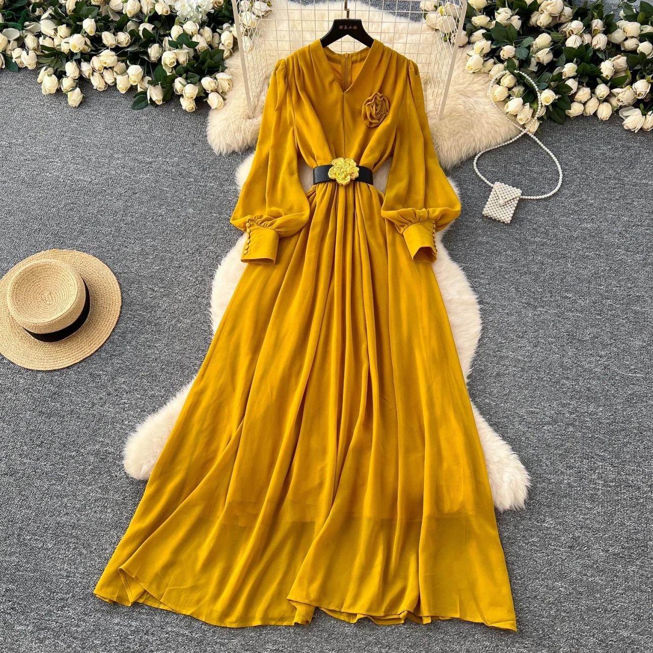 yellow dress with gold belt Yellow Tulle A-line V-neck Long Prom Dresses With Belt, Evening Dresses,  MP817 main image 1