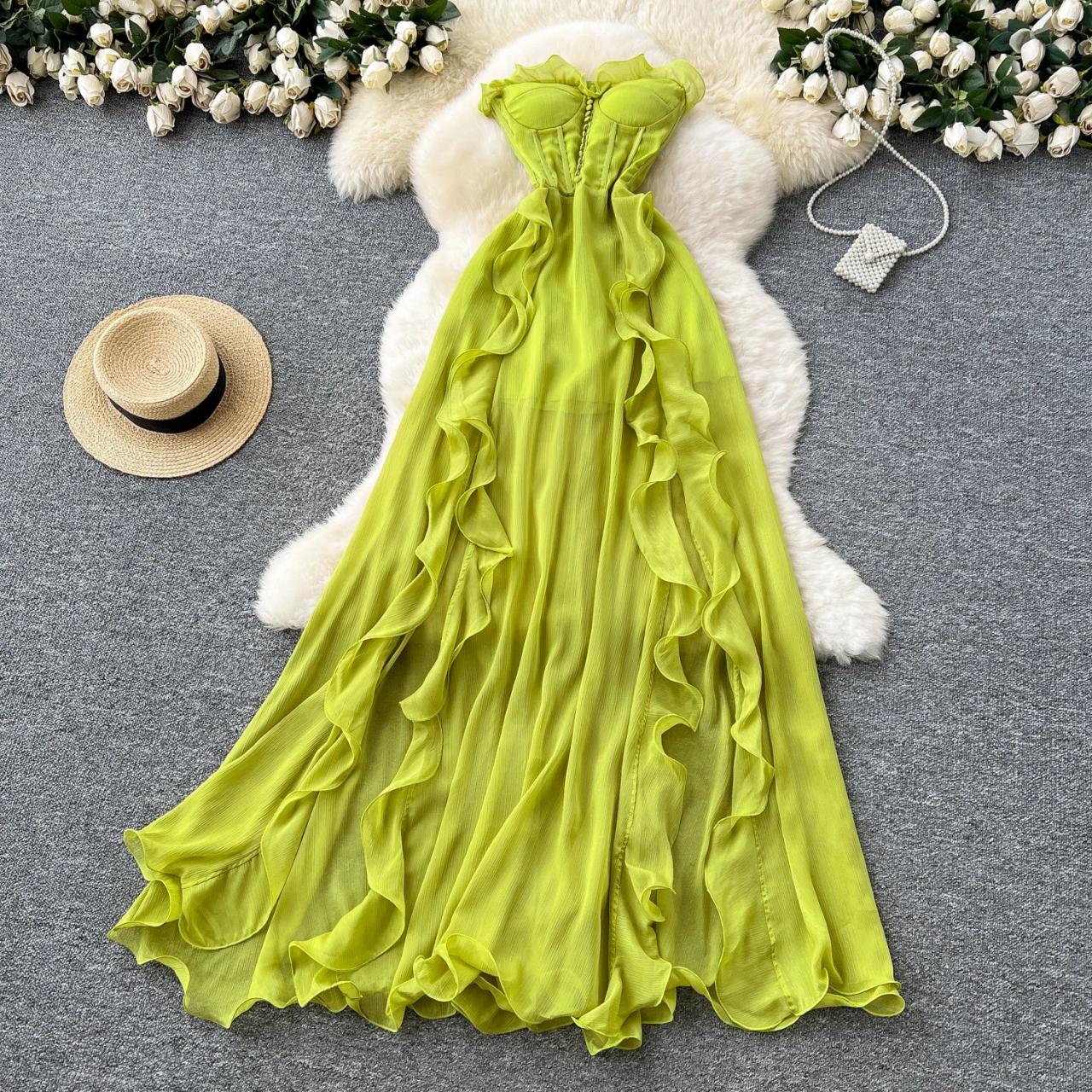 Strapless Green Chiffon Dress With Ruffle Details on Luulla