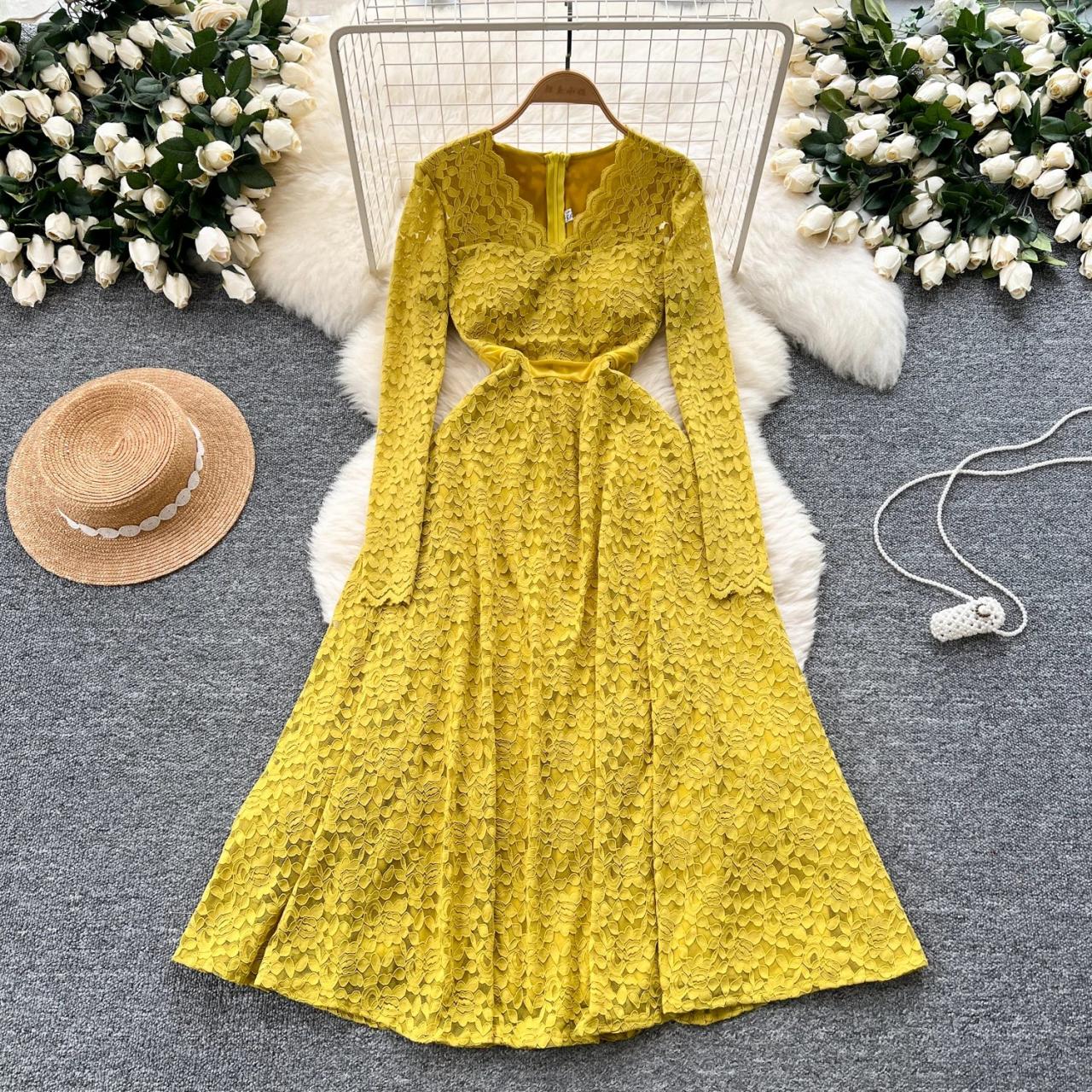 Vintage Long Sleeve Floral Lace Belted Dress on Luulla