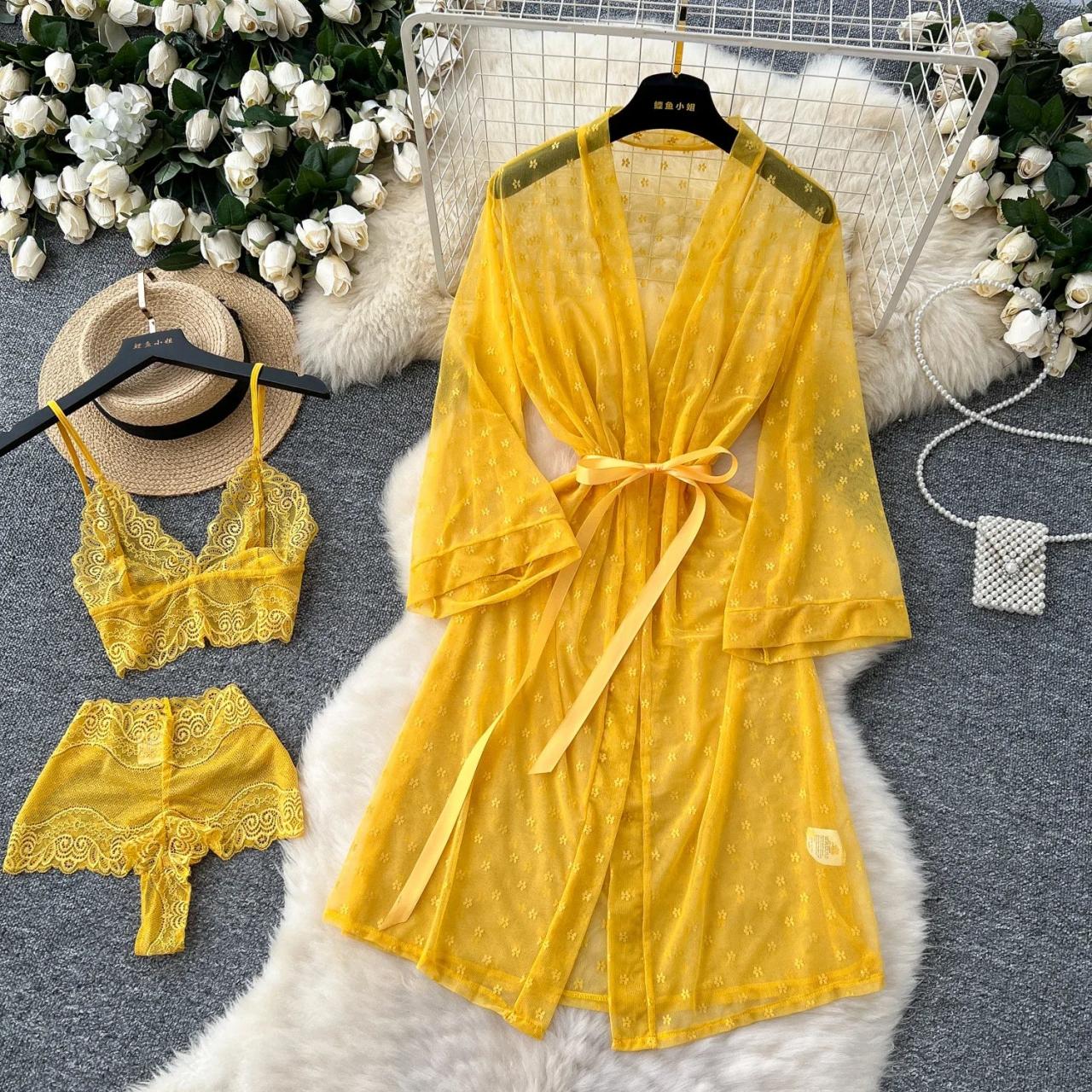 Yellow Lace Sheer Robe With Matching on Luulla