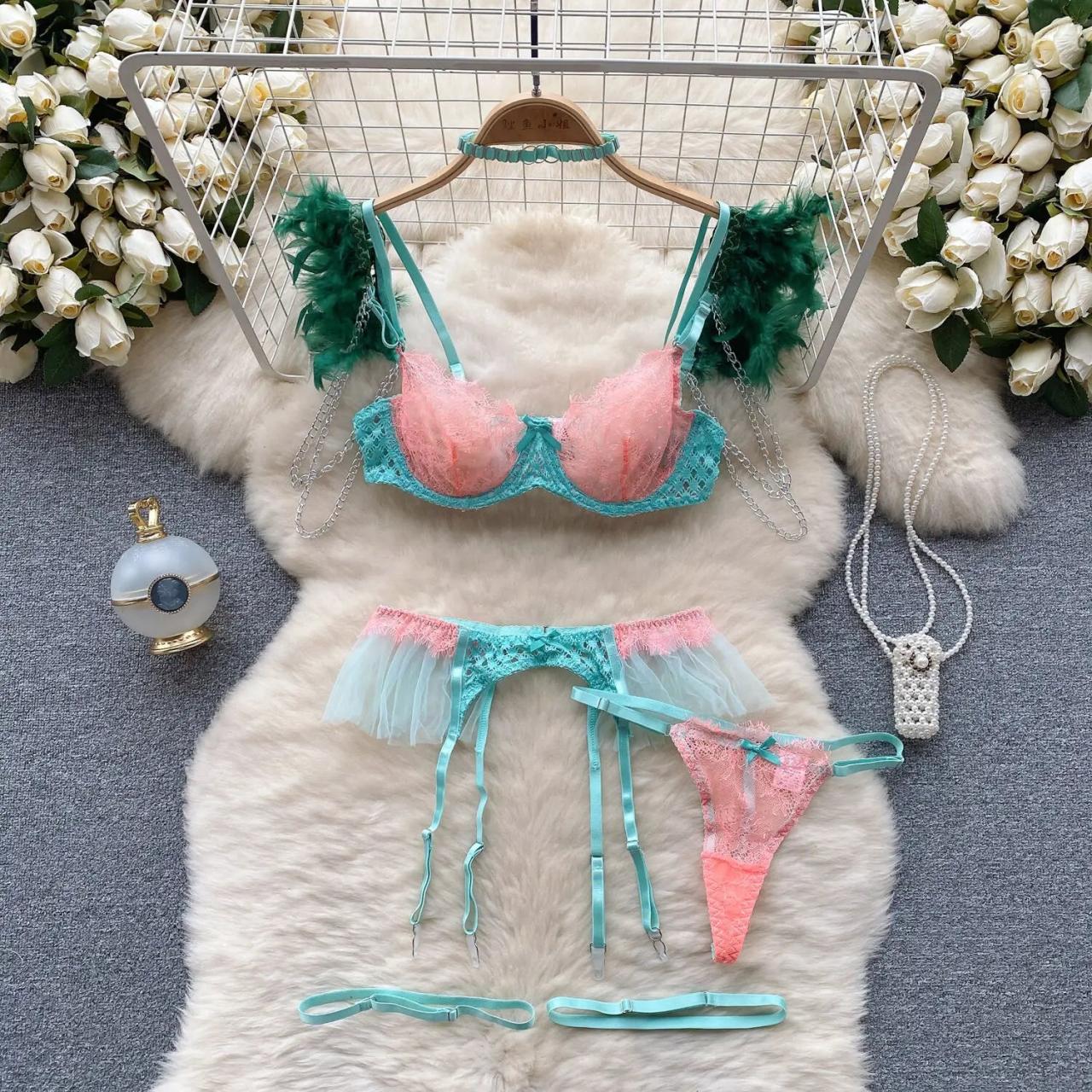 Foamlina Faux Feather Lingerie Sets For Women Sexy Color Match Floral Lace  Chain Decorated Bra Panty on Luulla