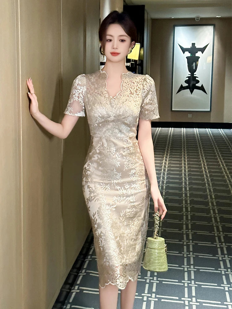 fashion elegant lace embroidered dress Deep V-Neck Long Prom Dress with Embroidered Lace Burgundy / Large