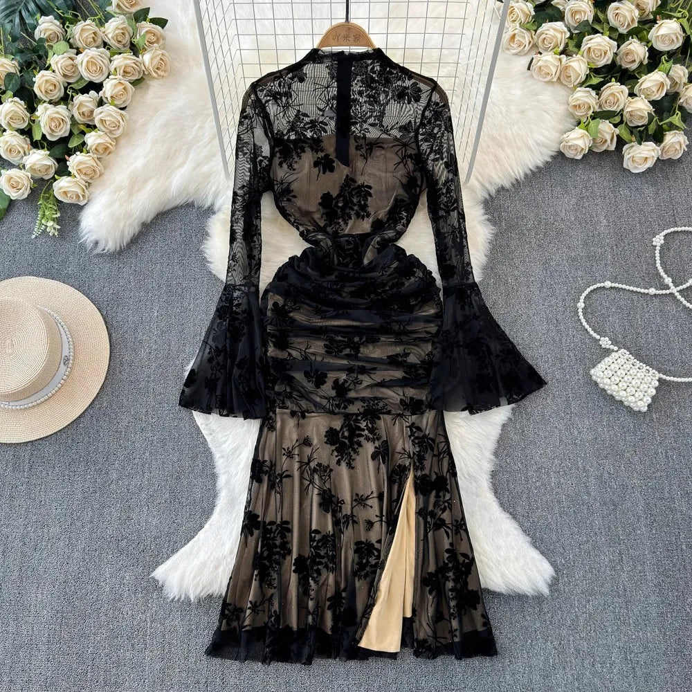 Vintage Black Floral Lace High-slit Dress on Luulla