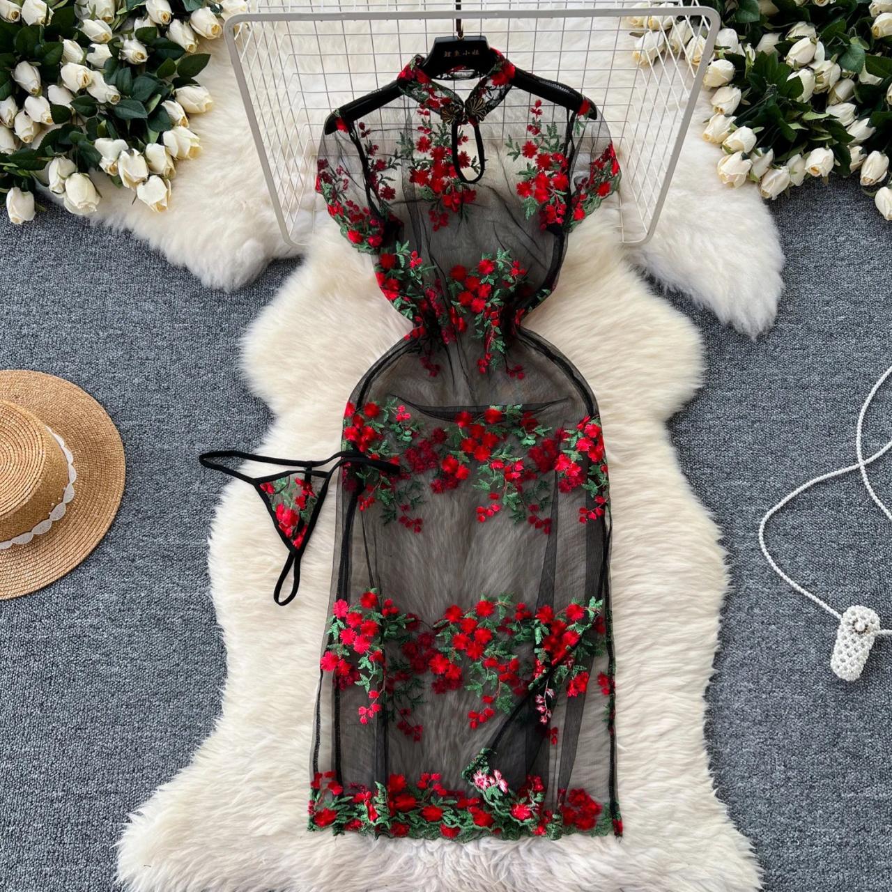 Sheer Black Floral Lace Dress With Thong on Luulla