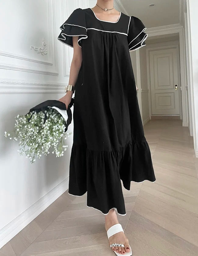 Black Ruffle Trimmed Flowy Maxi Dress on Luulla