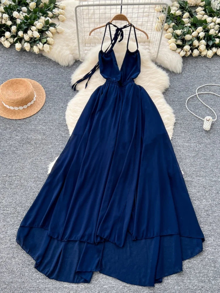 Flowing Navy Halter Maxi Dress With Tie-back