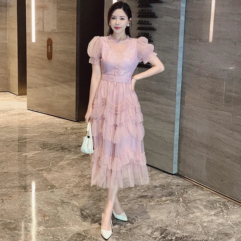 Lace Puff Sleeve Tiered Ruffle Midi Dress
