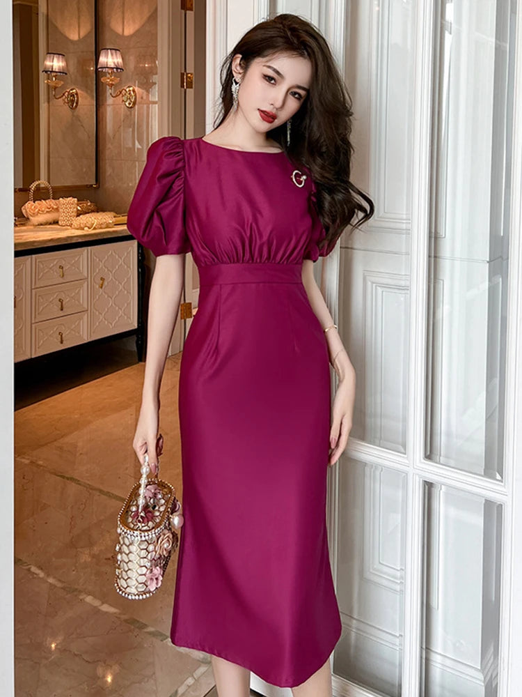 green emerald velvet dress Chablis Gathered Bust Puff Sleeve Midi Dress White main image 1