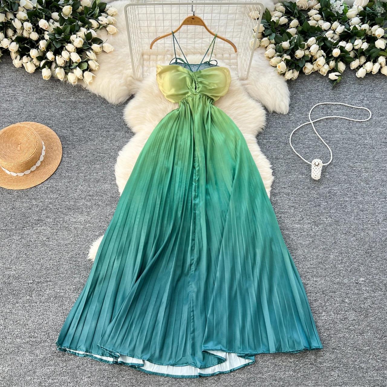 Gradient Halter Summer Maxi Dress With Pleats
