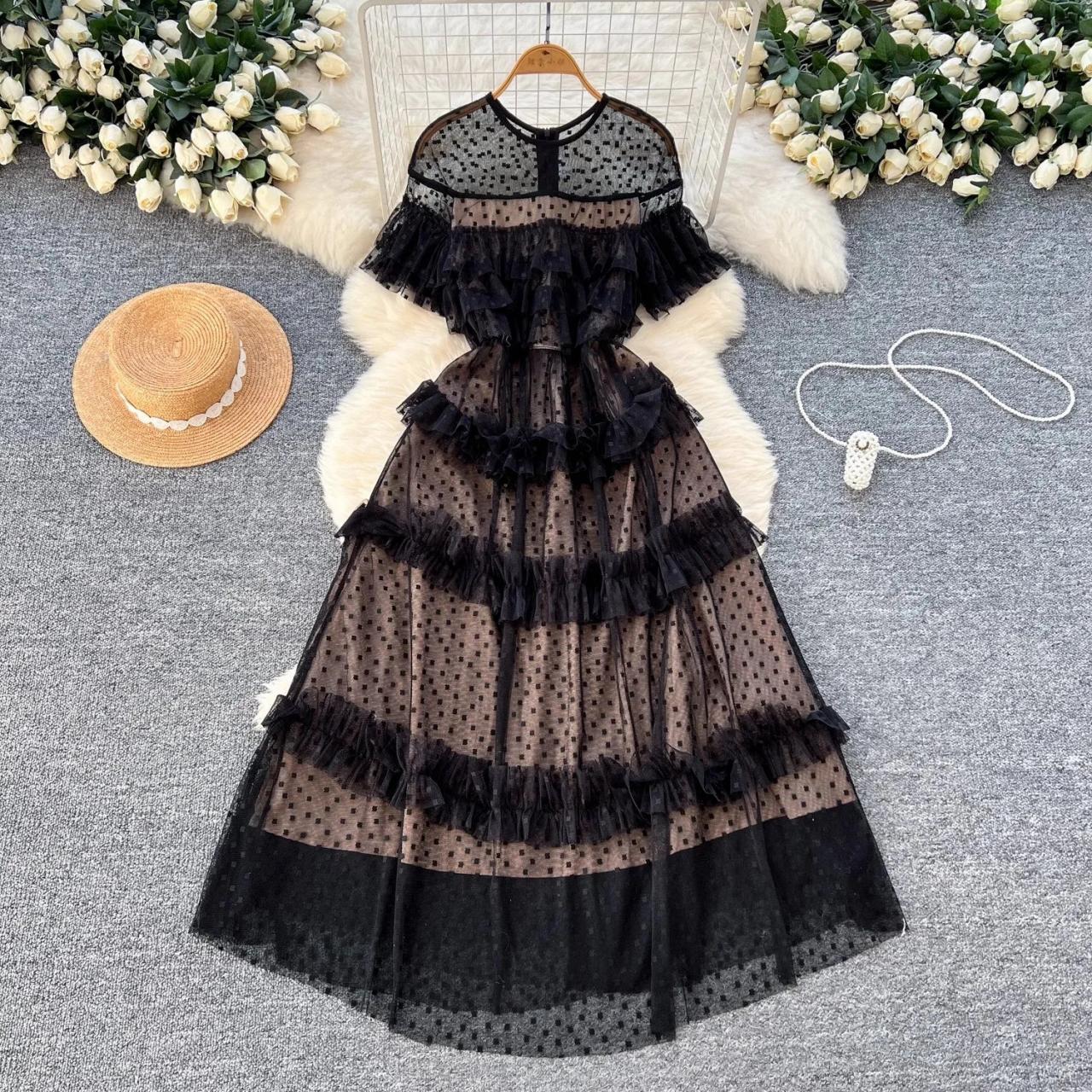 Black Sheer Polka Dot Ruffle Maxi Dress