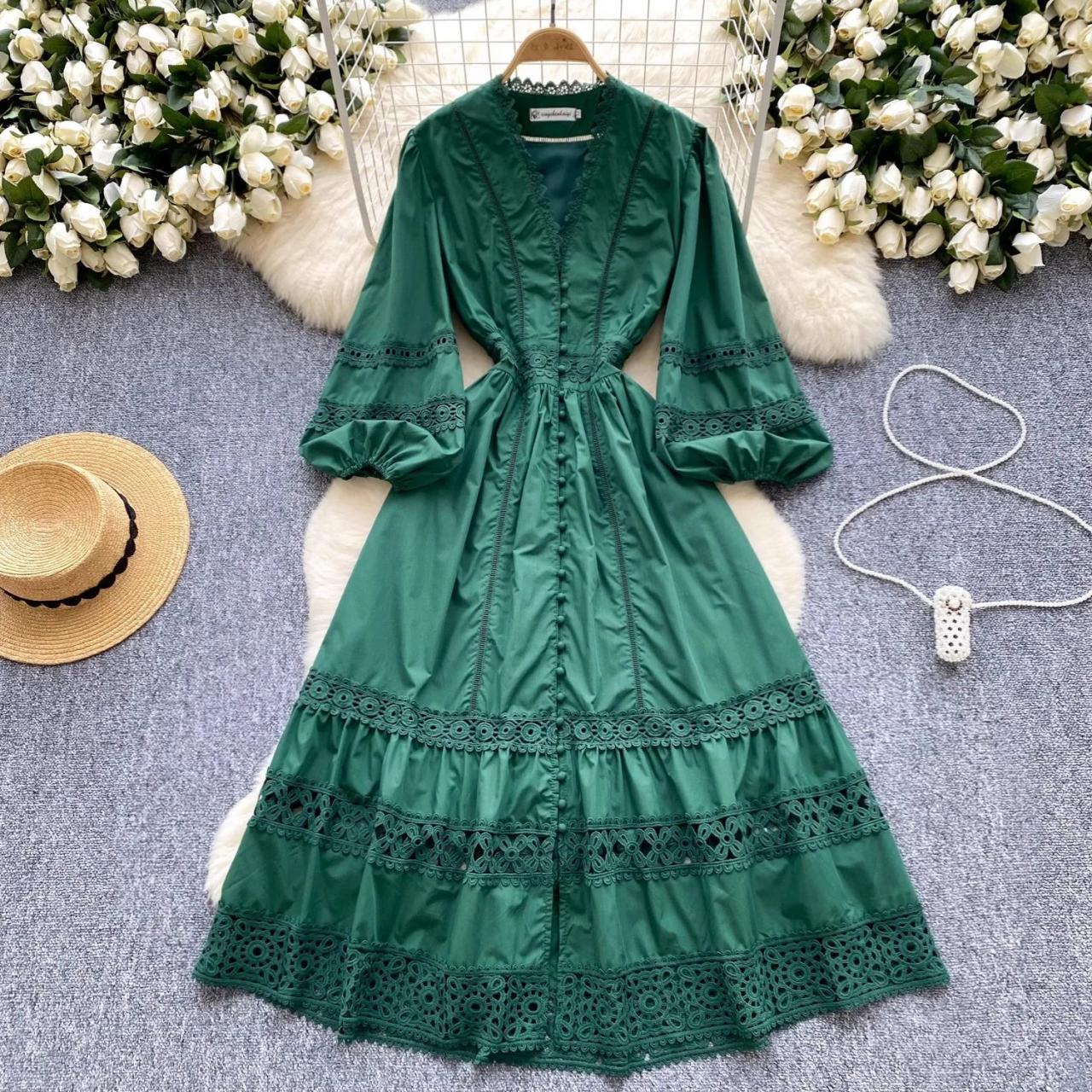 Green Lace Trim Long Sleeve Maxi Dress