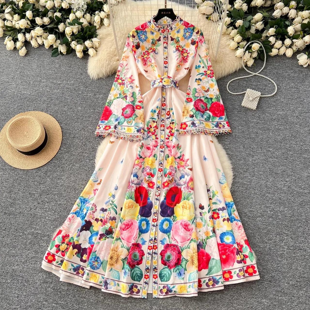 Floral Maxi Dress With Waist Tie And Embroidery