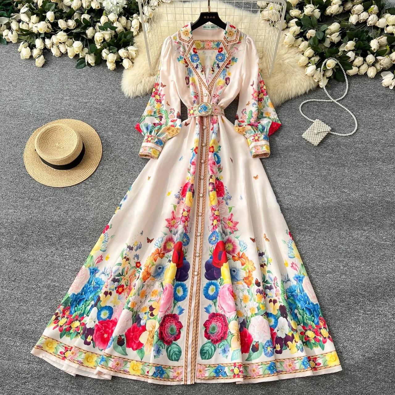 Floral Full-length Maxi Dress With Belted Waist on Luulla