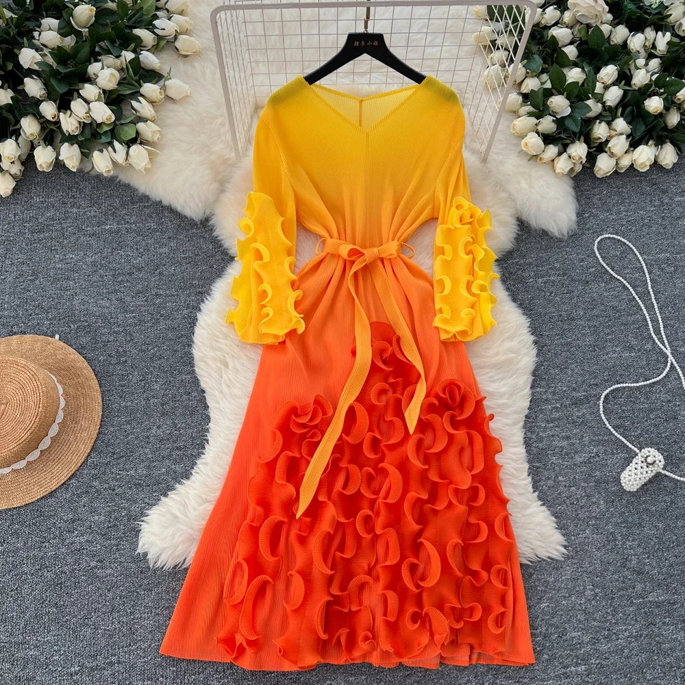 open lace back dress Unique A Line Long Sleeve Orange Ombre Chiffon Prom Dress Evening Dress  SH2363