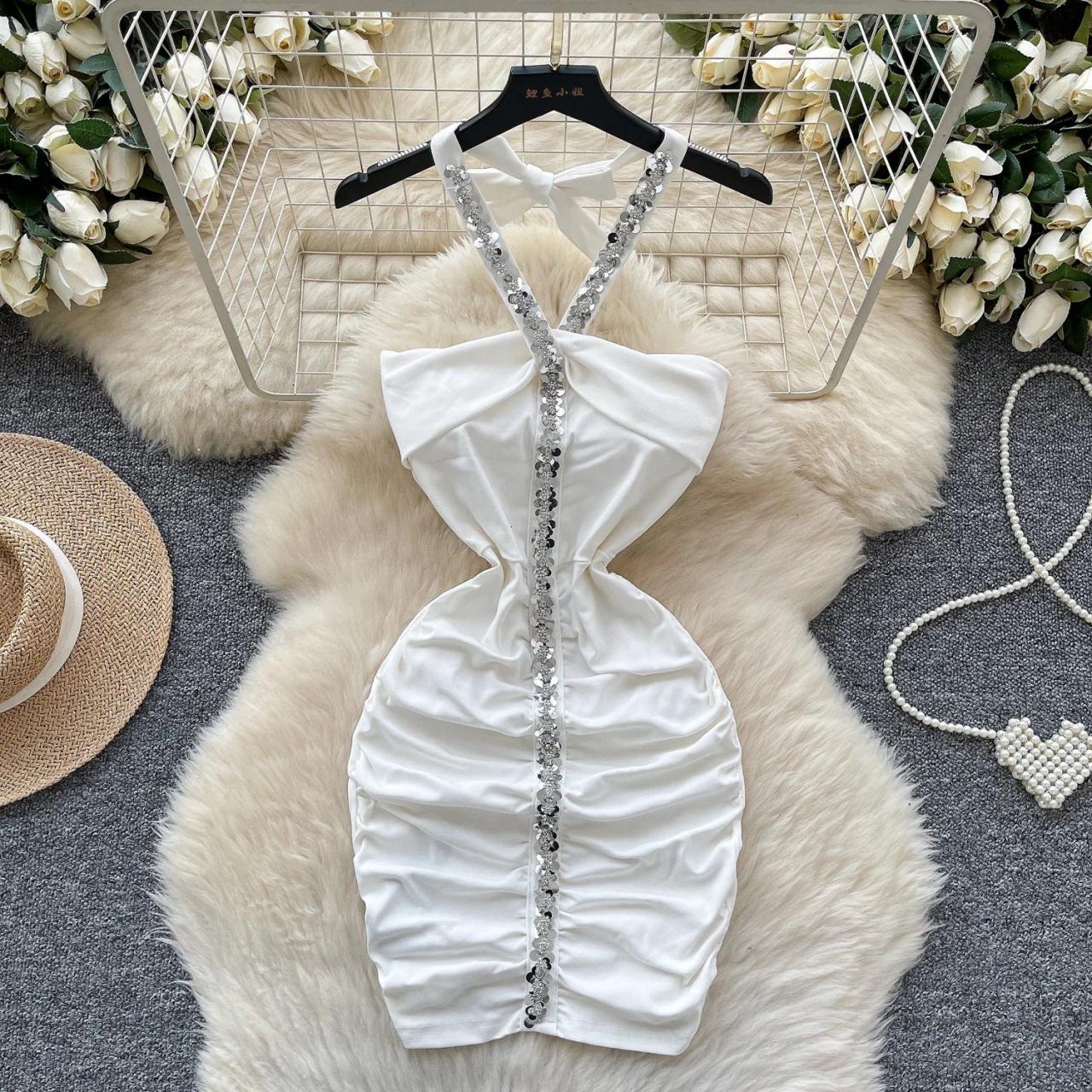 White Halter Dress With Sequin Detail Accents on Luulla