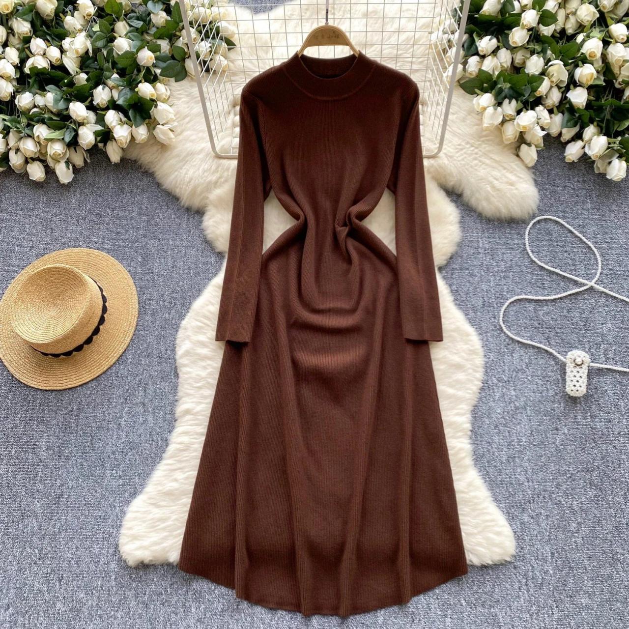 Long-sleeve Warm Brown Knit Midi Dress