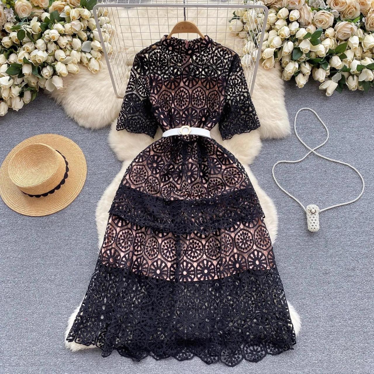 crochet dress with belt Floral Crochet Mini Dress with Gold Leaf Belt 48691