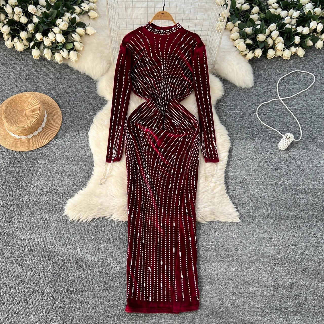 Rhinestone Patterned Long Sleeve Burgundy Evening Gown on Luulla