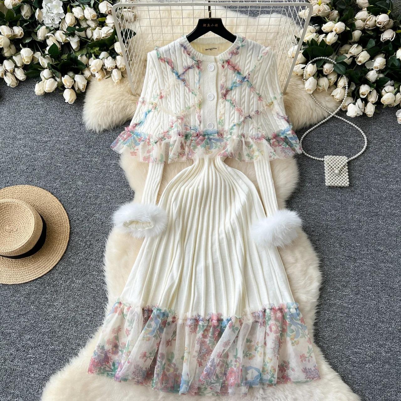 Floral Lace Long Sleeve Pleated Midi Dress