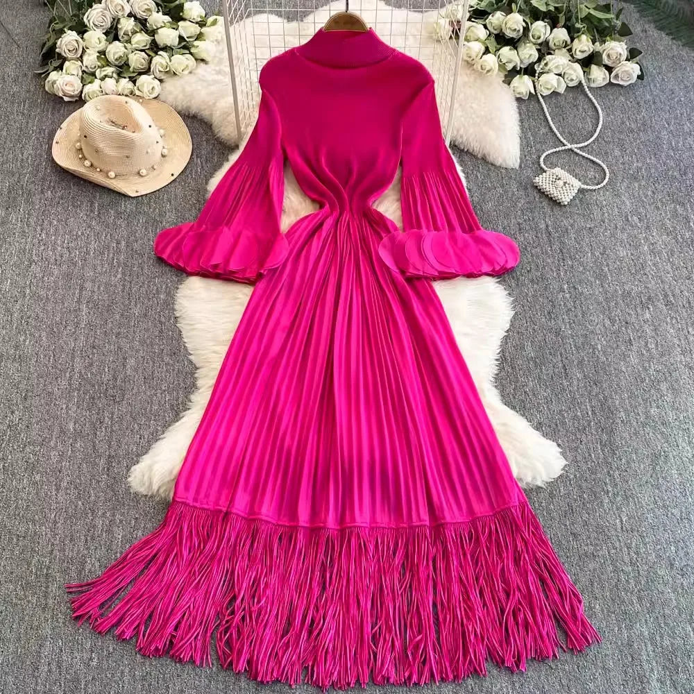 Vibrant Pink Pleated Fringe Long Sleeve Dress