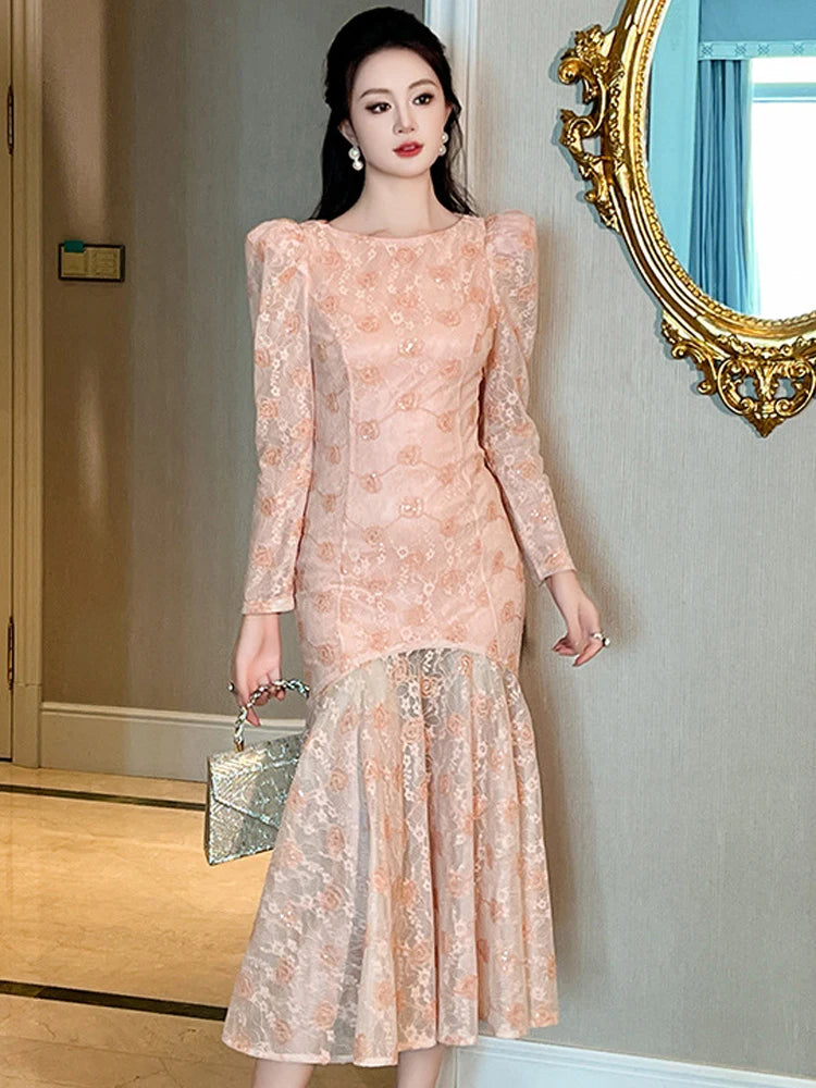 Vintage Long Sleeve Lace Mermaid Midi Dress