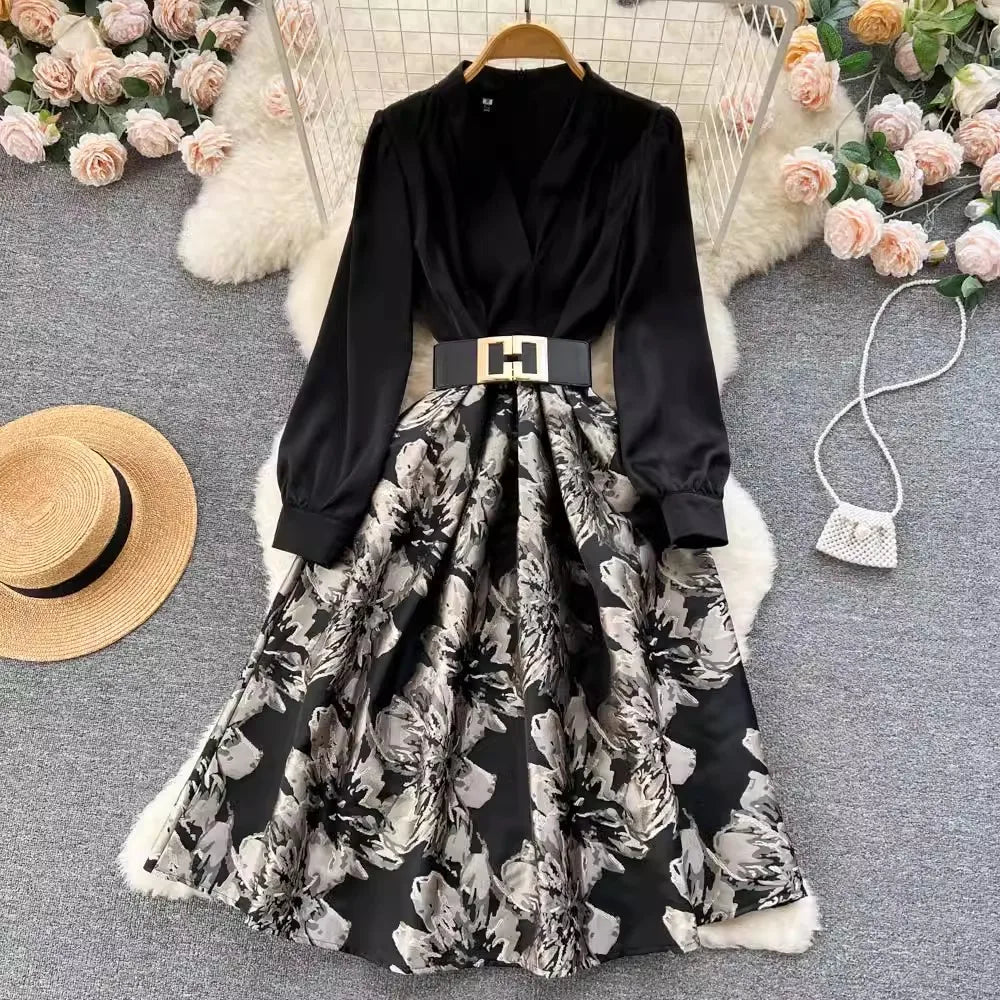 Vintage Black Floral Belted Long Sleeve Dress on Luulla