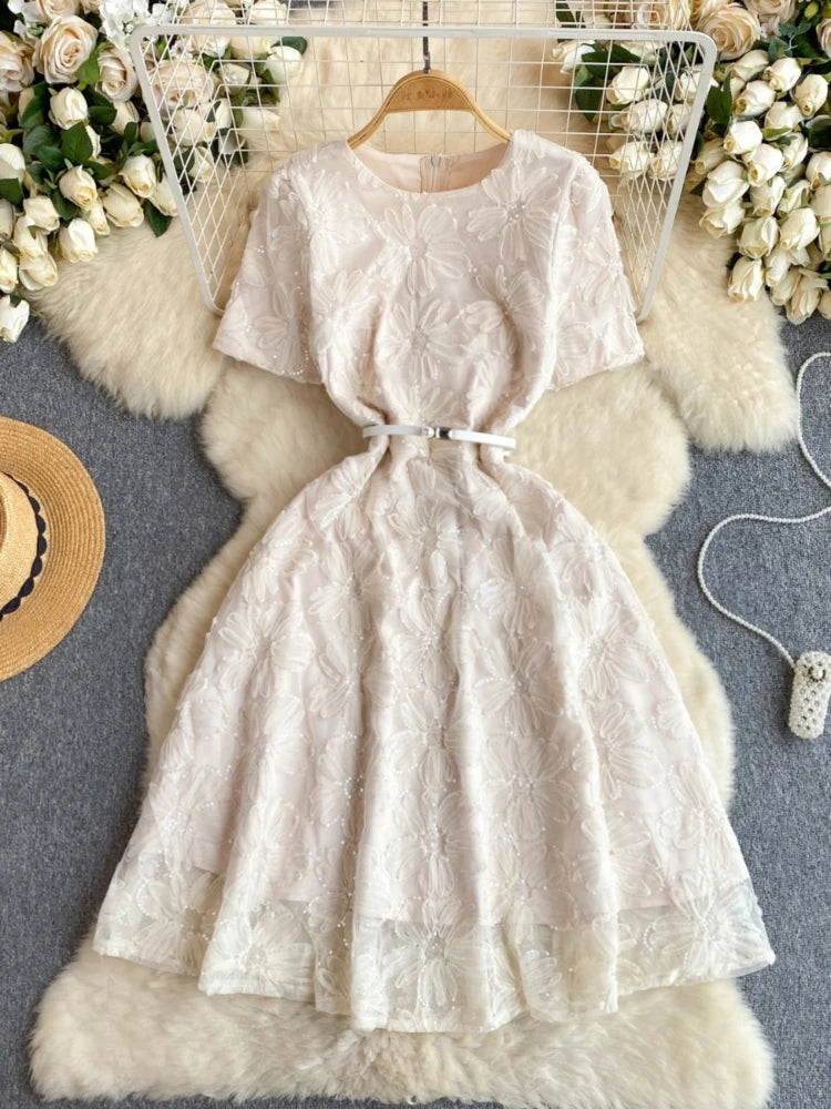 Floral Lace Belted Short Sleeve Midi Dress