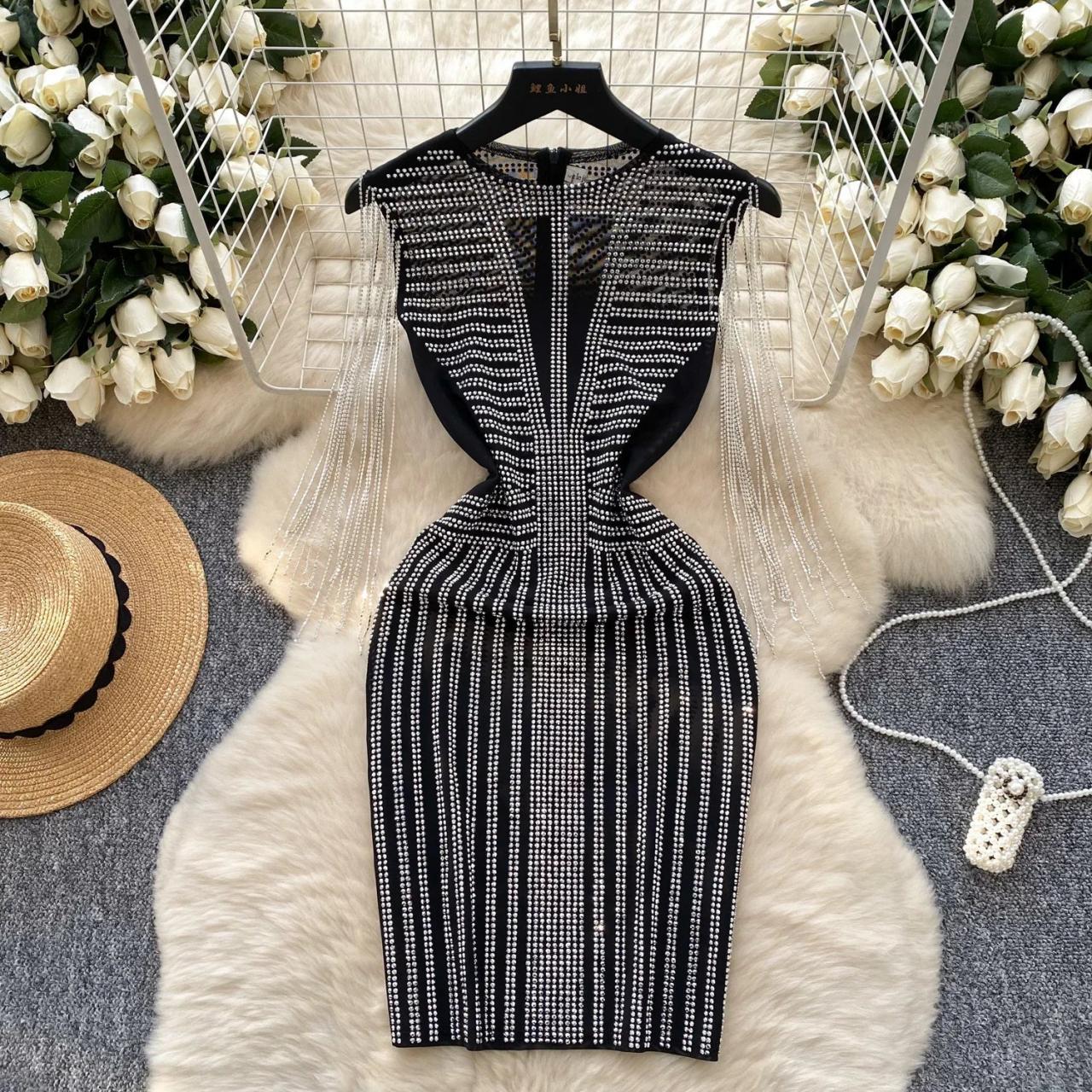 Black Pearl Mesh Bodycon Dress With Tassels