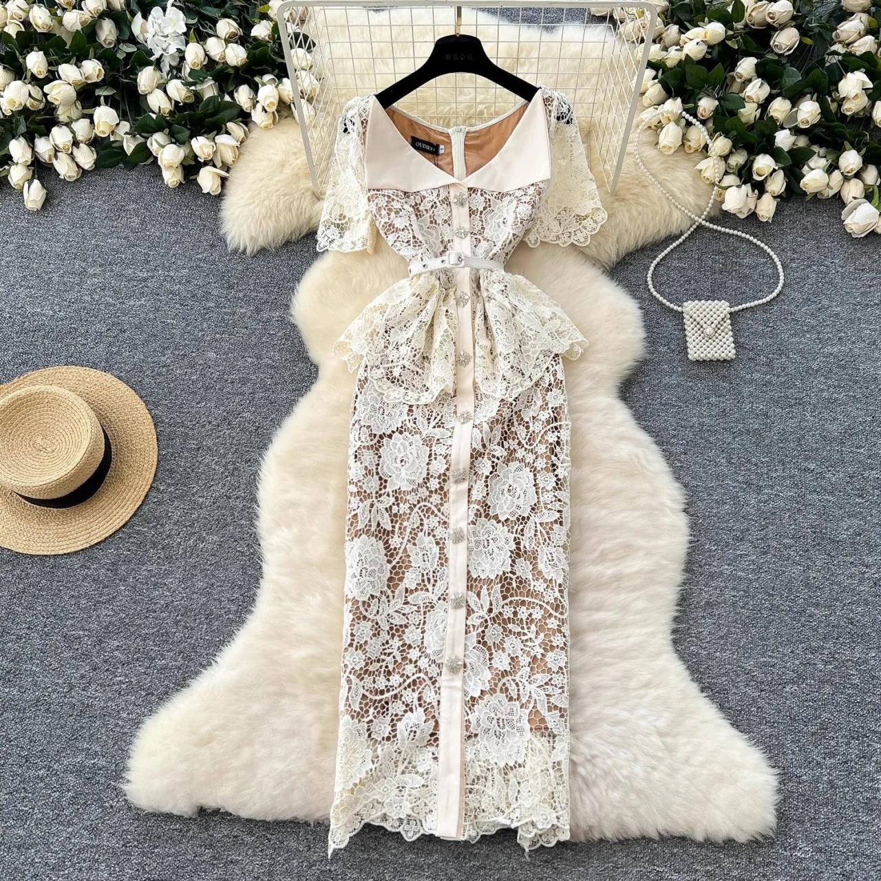 Lace Overlay Maxi Dress With Flared Sleeves