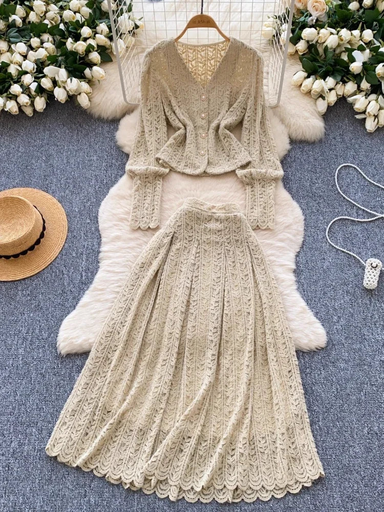 Beige Lace Cardigan And Skirt Matching Outfit on Luulla