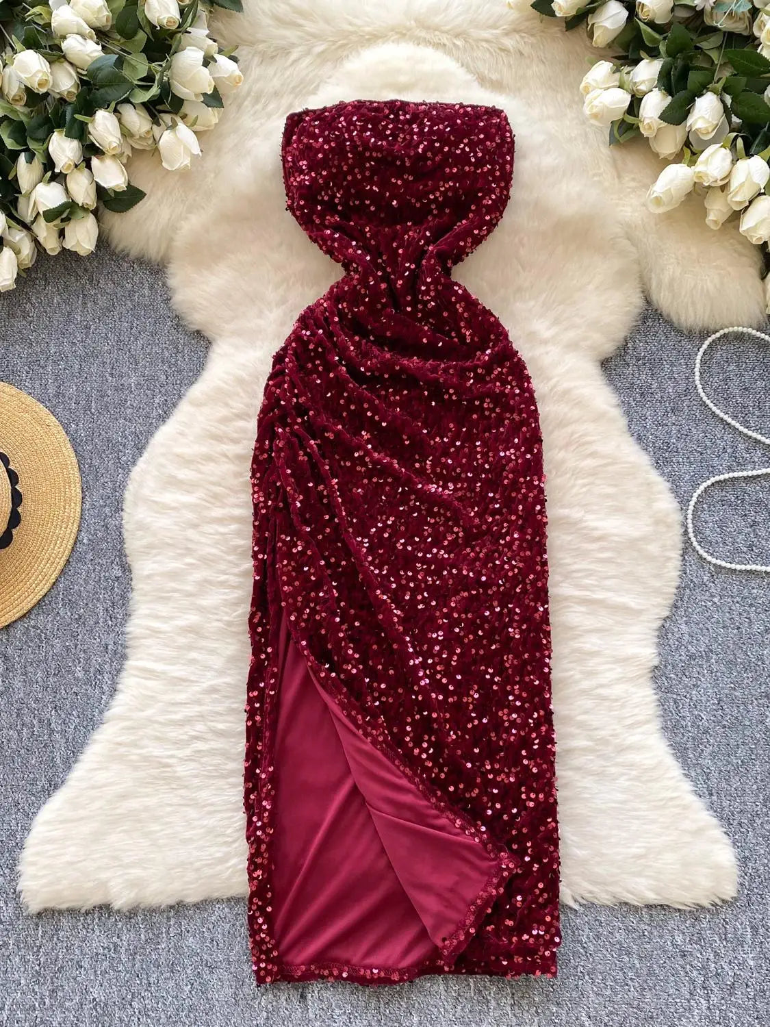slim fit dress slacks Long Sequin-Velvet Formal Dress in Burgundy Red main image 1