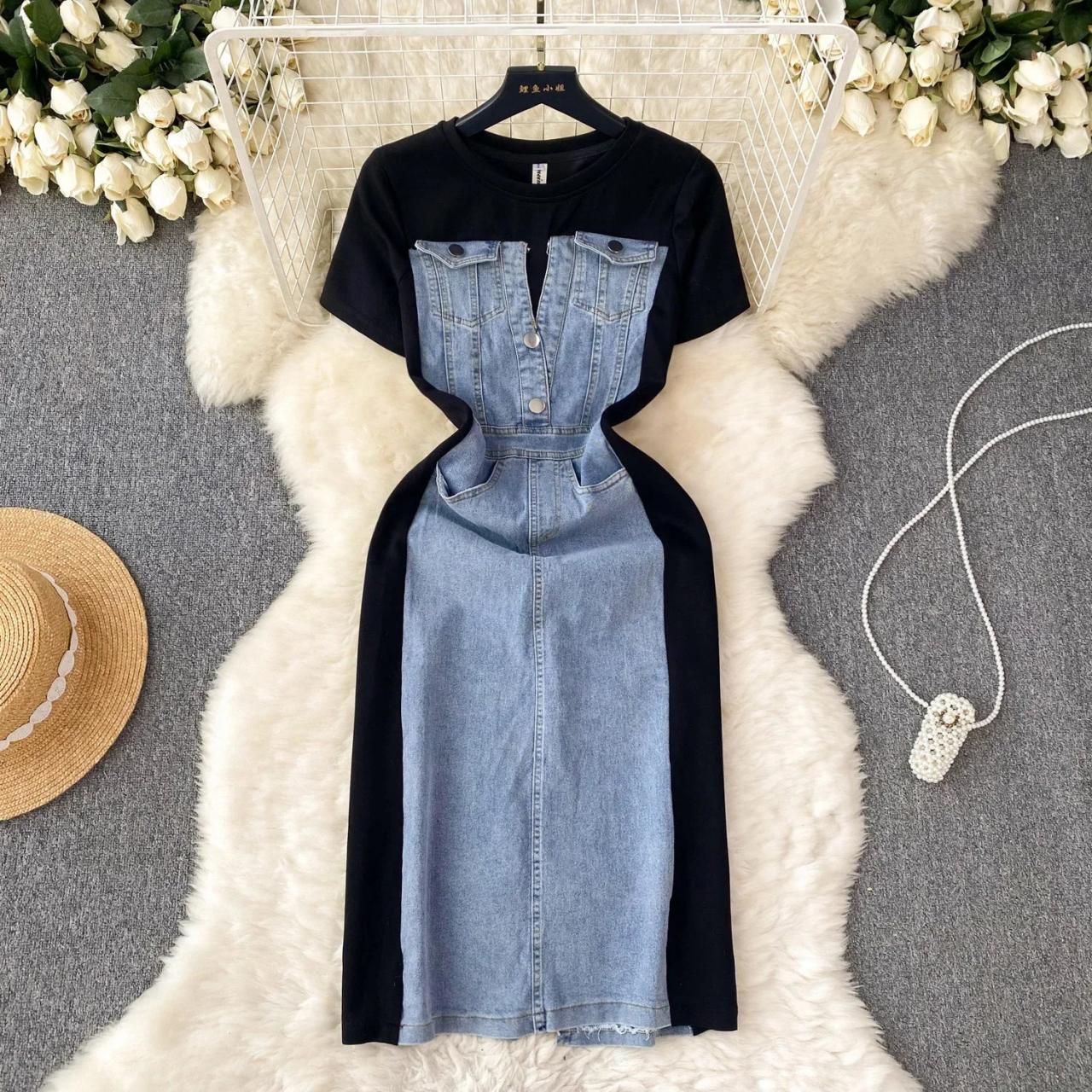 denim patchwork maxi dress Denim Patch Maxi Dress