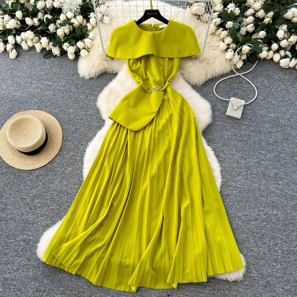 Lime Green Pleated Dress With Cape Overlay