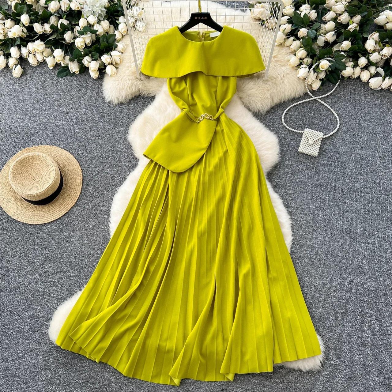 slim fit dress slacks Elegant Asymmetric Pleated Dress - Lime Green main image 1