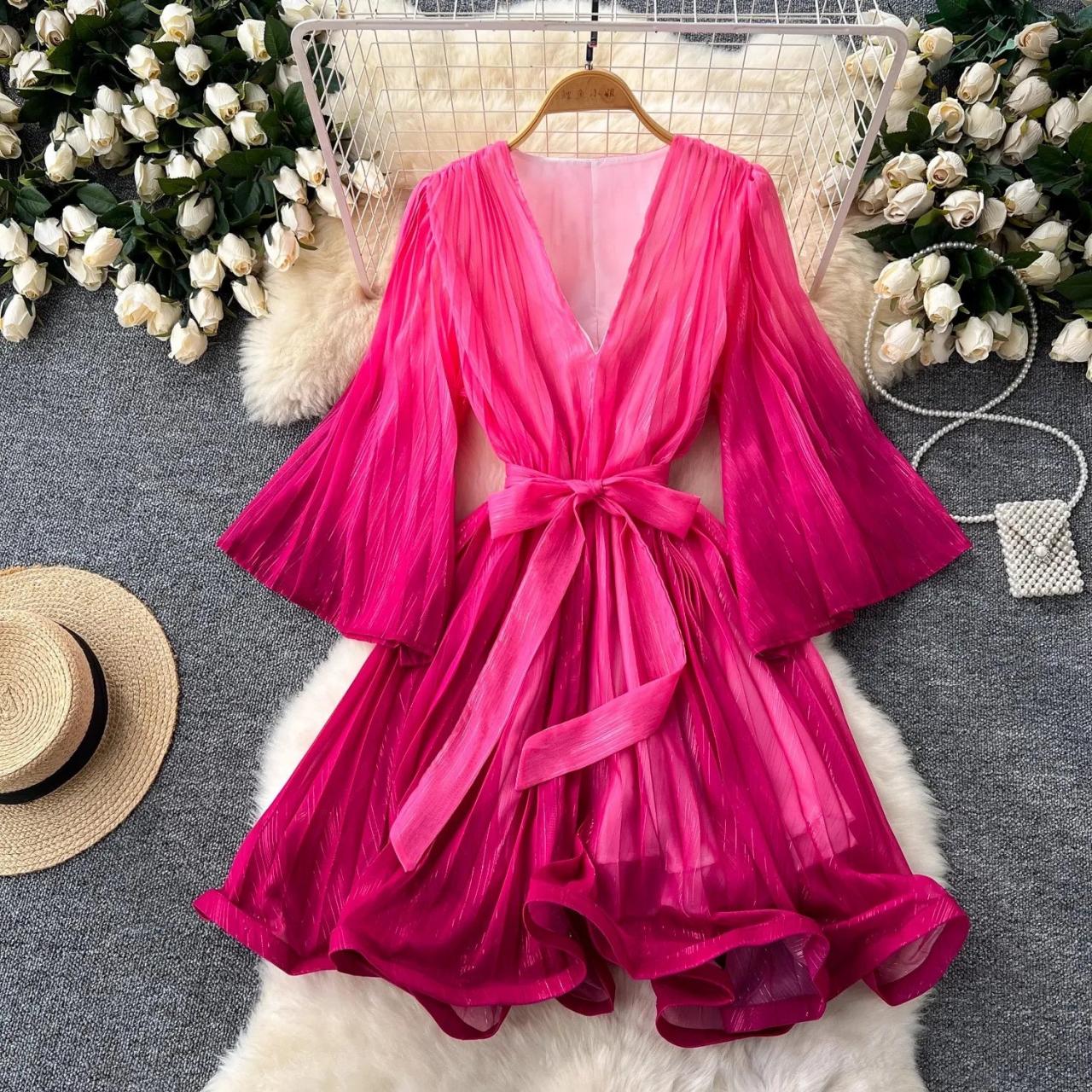 Vibrant Pink Plunge Neck Belted Kimono Dress on Luulla