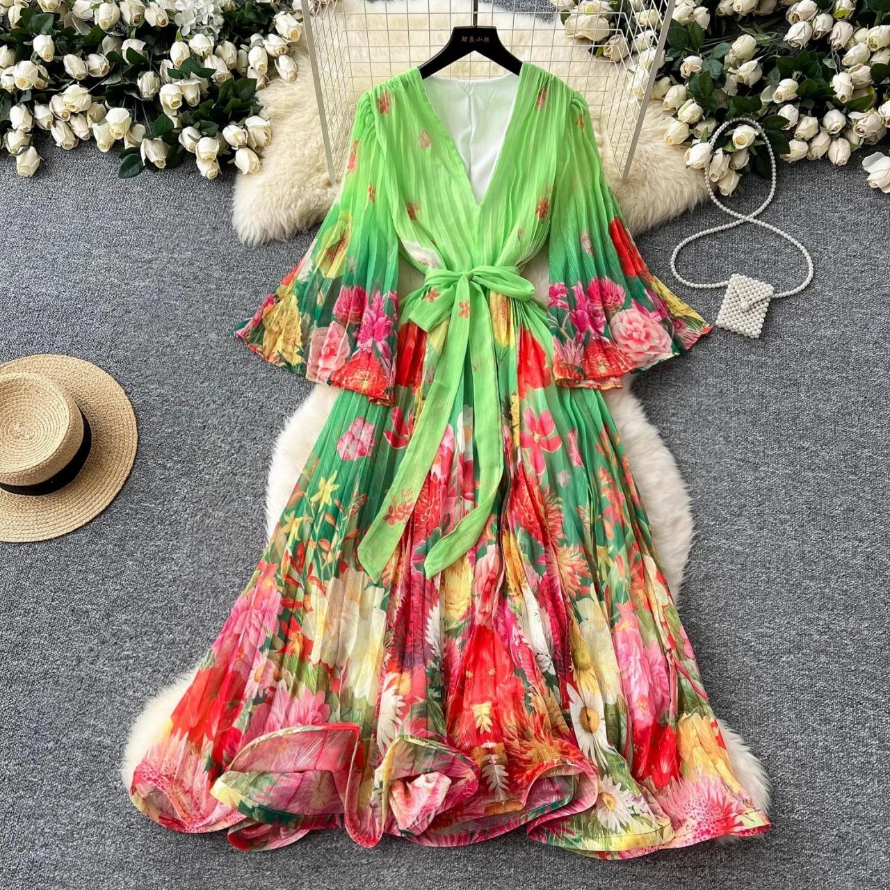 Vibrant Floral Maxi Dress With Pleated Bell Sleeves on Luulla