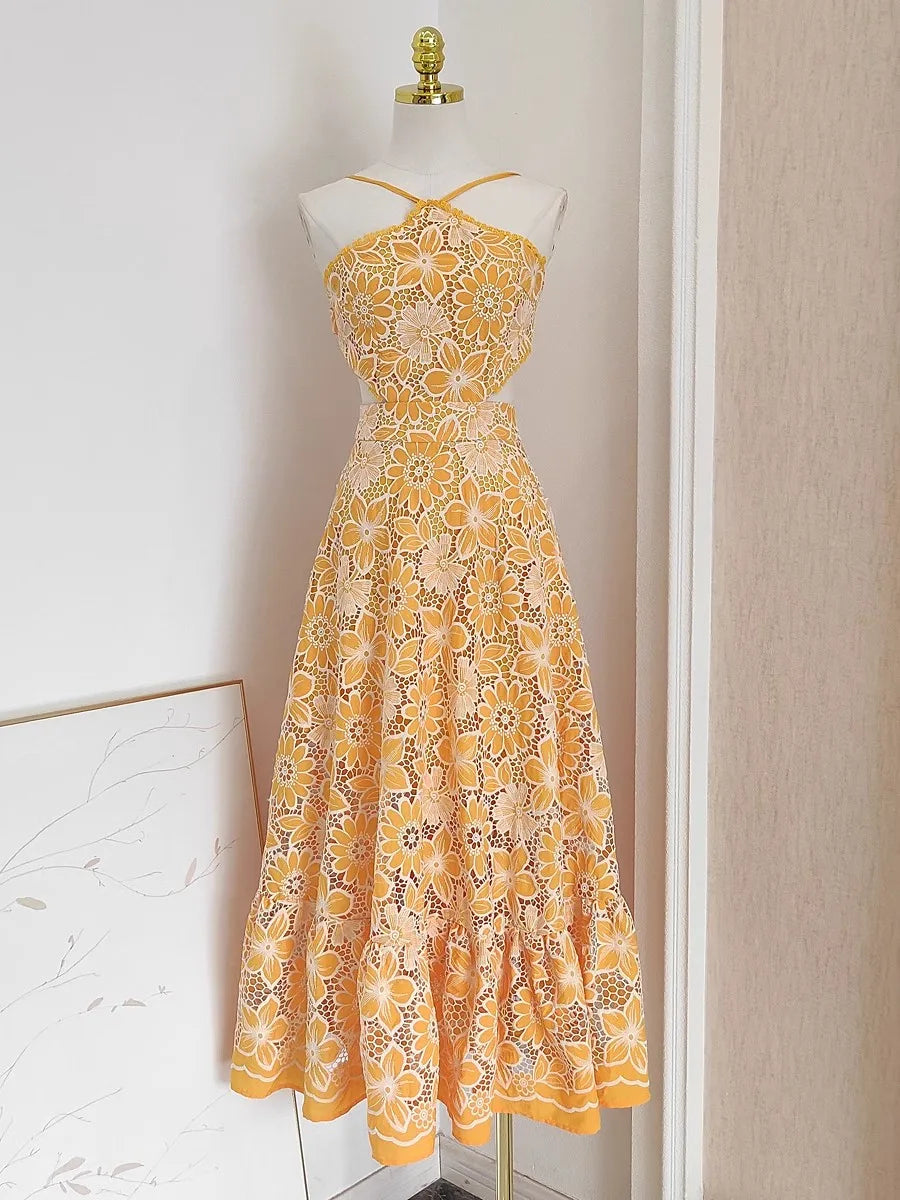 yellow floral dress bridesmaid Zapaka Women Yellow Floral Long Prom Dress A-Line Pleated Spaghetti Straps  Printed Tulle Formal Dress with Ruffles – ZAPAKA