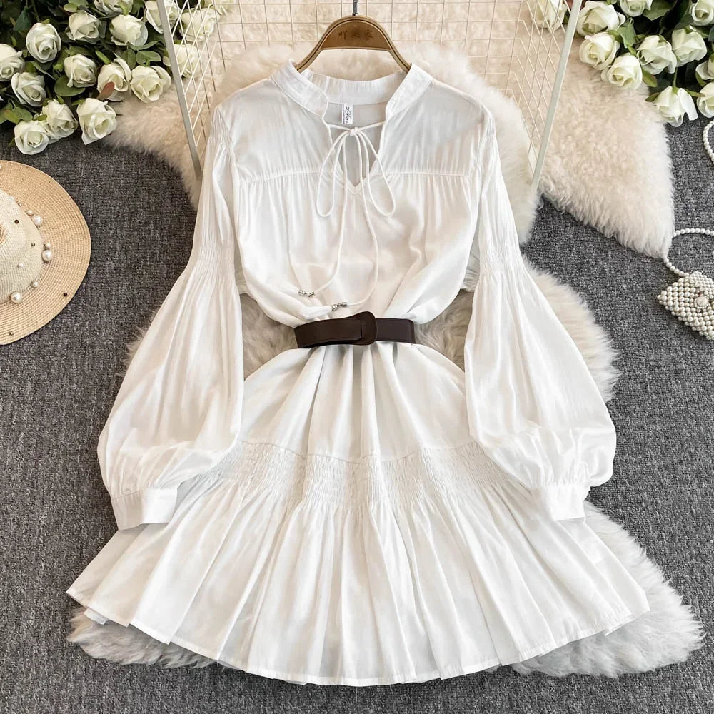 chinese dress ladies Long Sleeve Tiered Pleated Mini Dress - Black main image 0