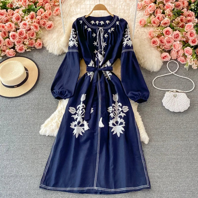 Floral Embroidered Navy Dress With Long Sleeves