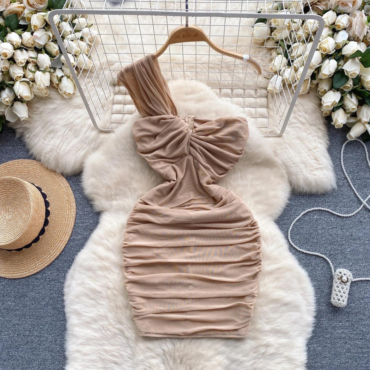 fabric for bodycon dress Sexy Bodycon Dress] Sexy Asymmetric One-Shoulder Sleeveless Bodycon D main image 0