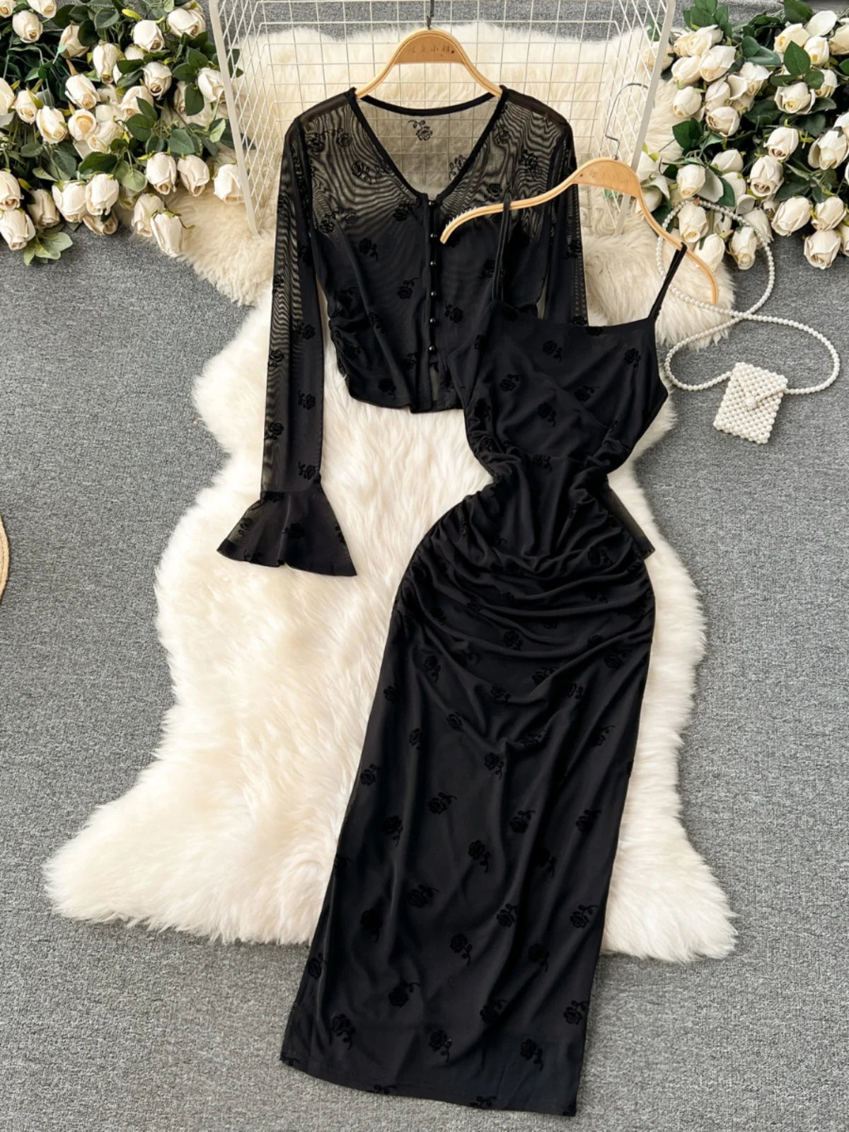 fitted lace wedding dress Women's Bonded Long Sleeve Slip Dress – MeMoi main image 0