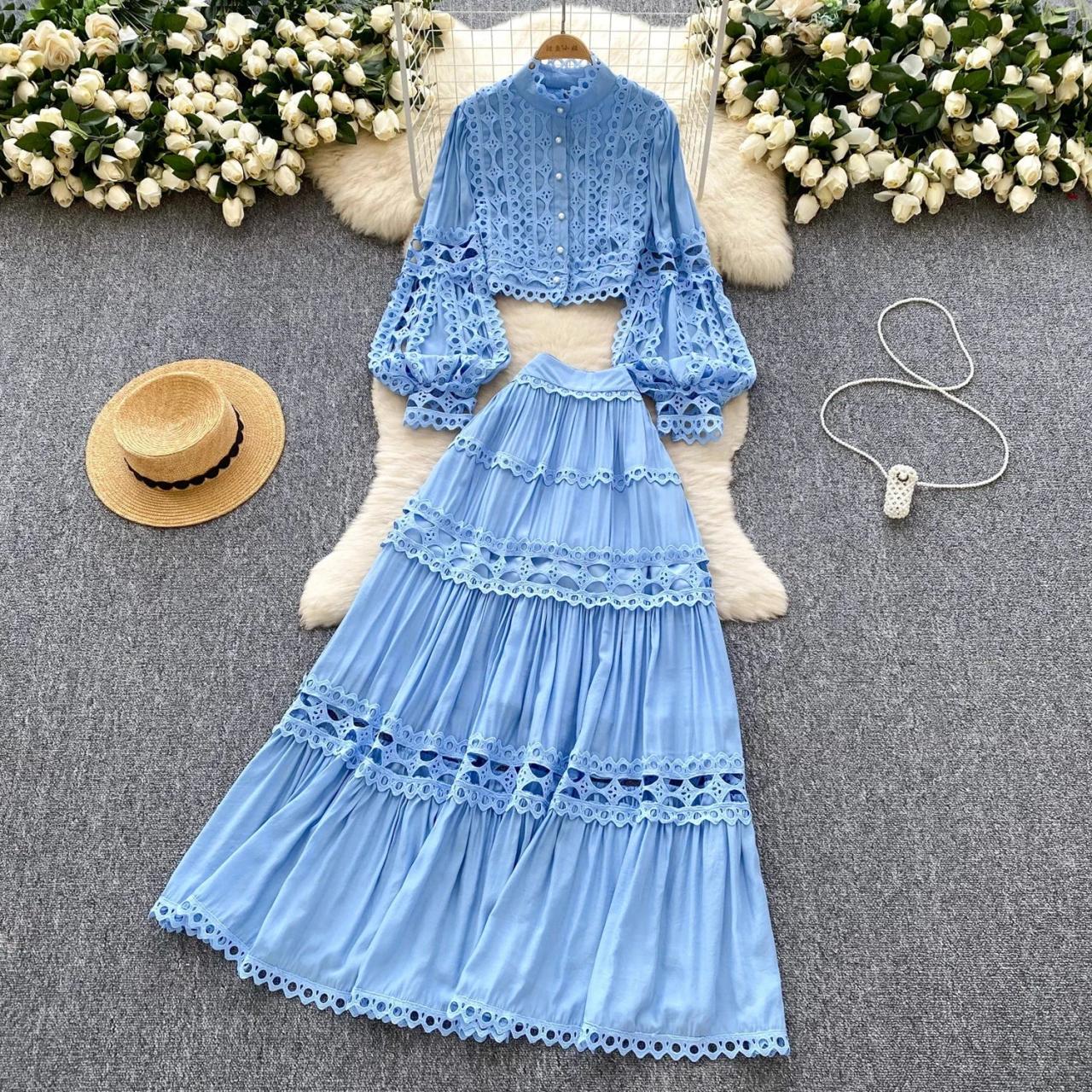 blue lace dress open back Blue Lace Maxi Dress with Cut Out main image 0